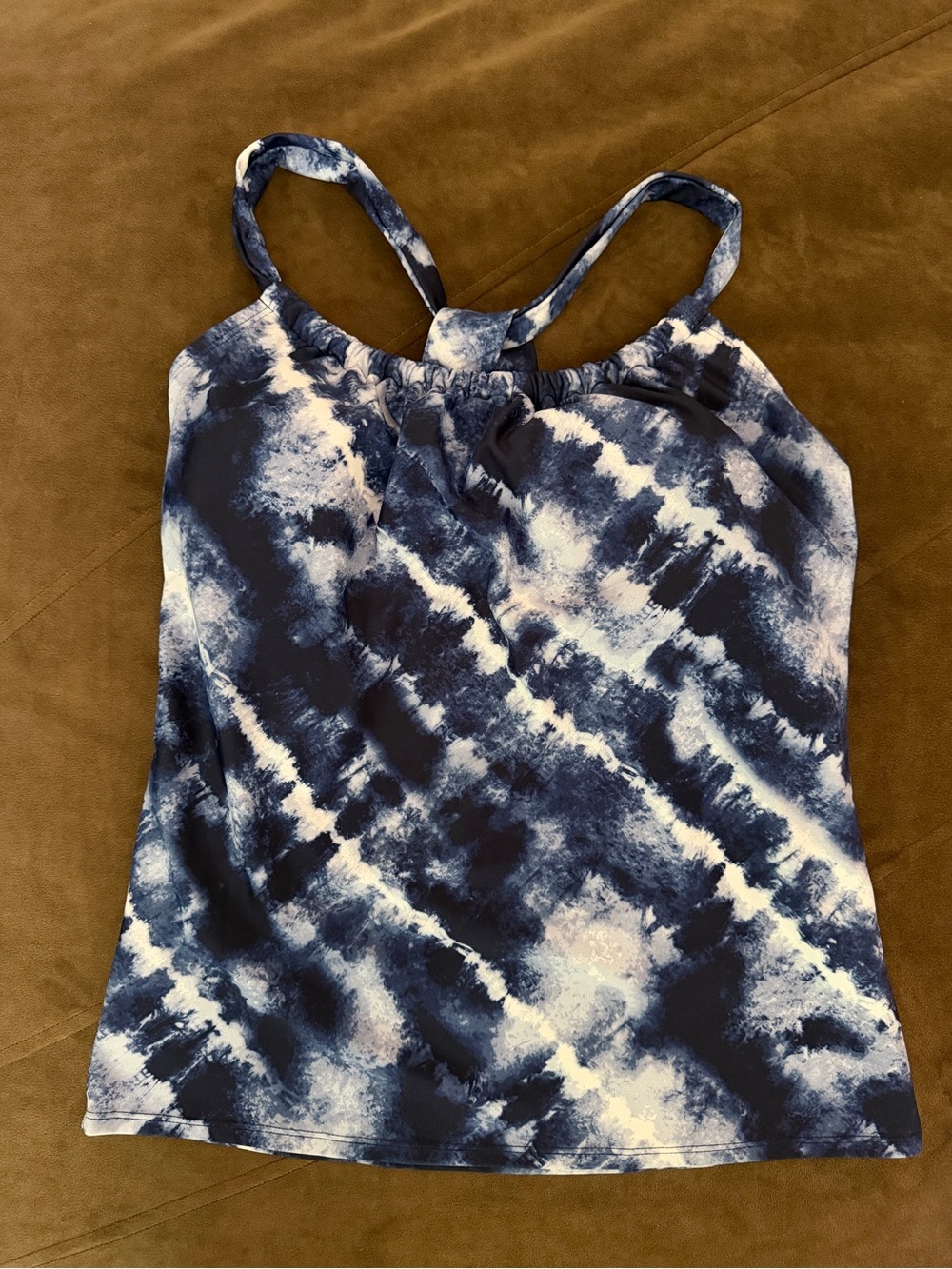 Kona Sol Navy Blue and White Tie-Dye Athletic Tankini top w/ built-in bra x back